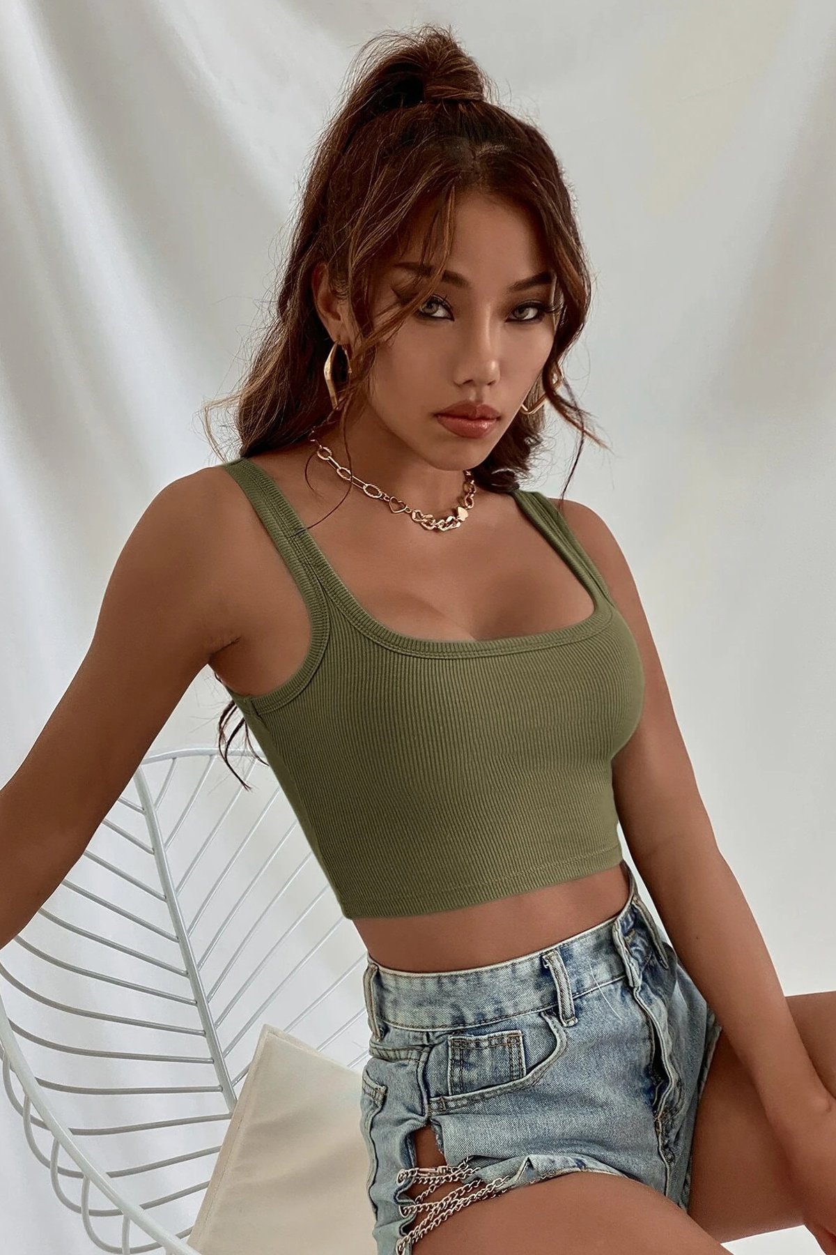 Kadın Haki Yeşili Kalın Askılı Crop Top Büstiyer — görsel 7