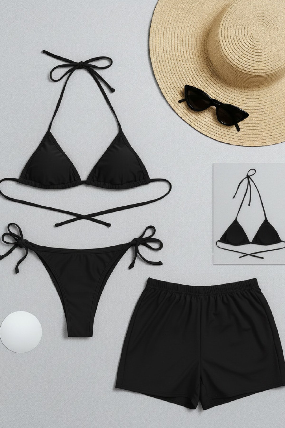 Kadın 3'lü Set Siyah Şortlu ve Yandan Bağlamalı Bikini Mayo Takımı