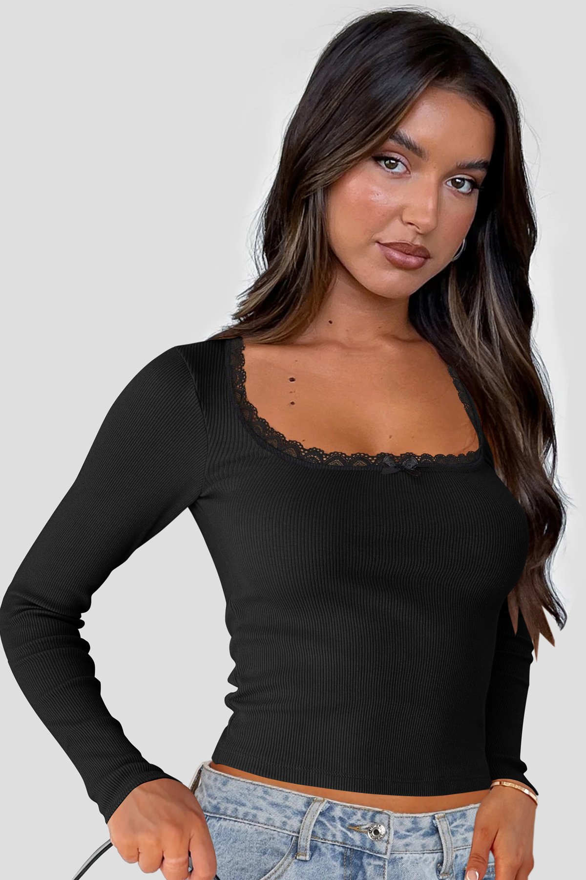 Kadın Siyah Kare Yaka Dantelli Uzun Kollu Crop Top Bluz — görsel 9