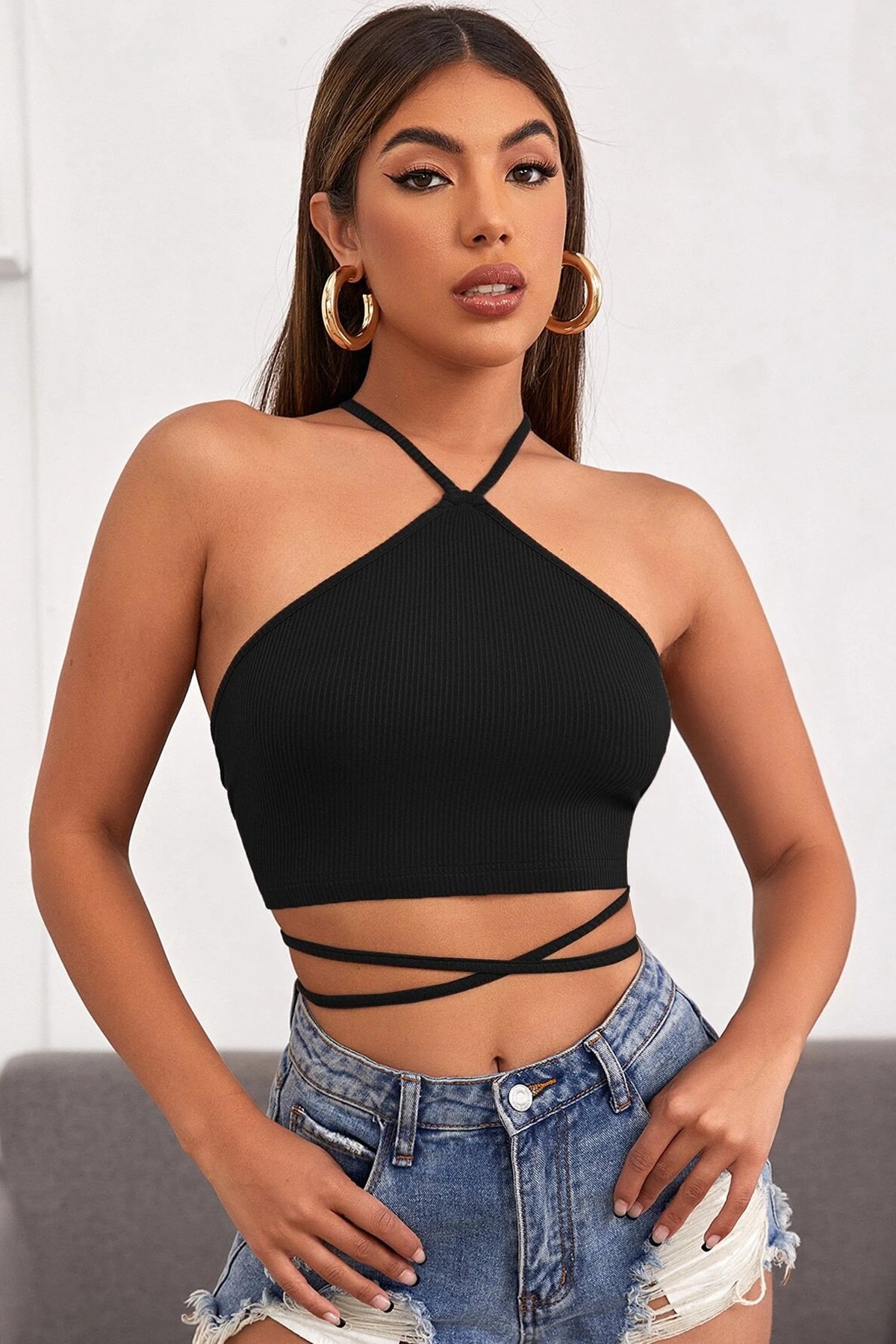 Kadın Siyah Sırtı Açık Boyundan Çapraz Bağlamalı Crop Top Bluz — görsel 4