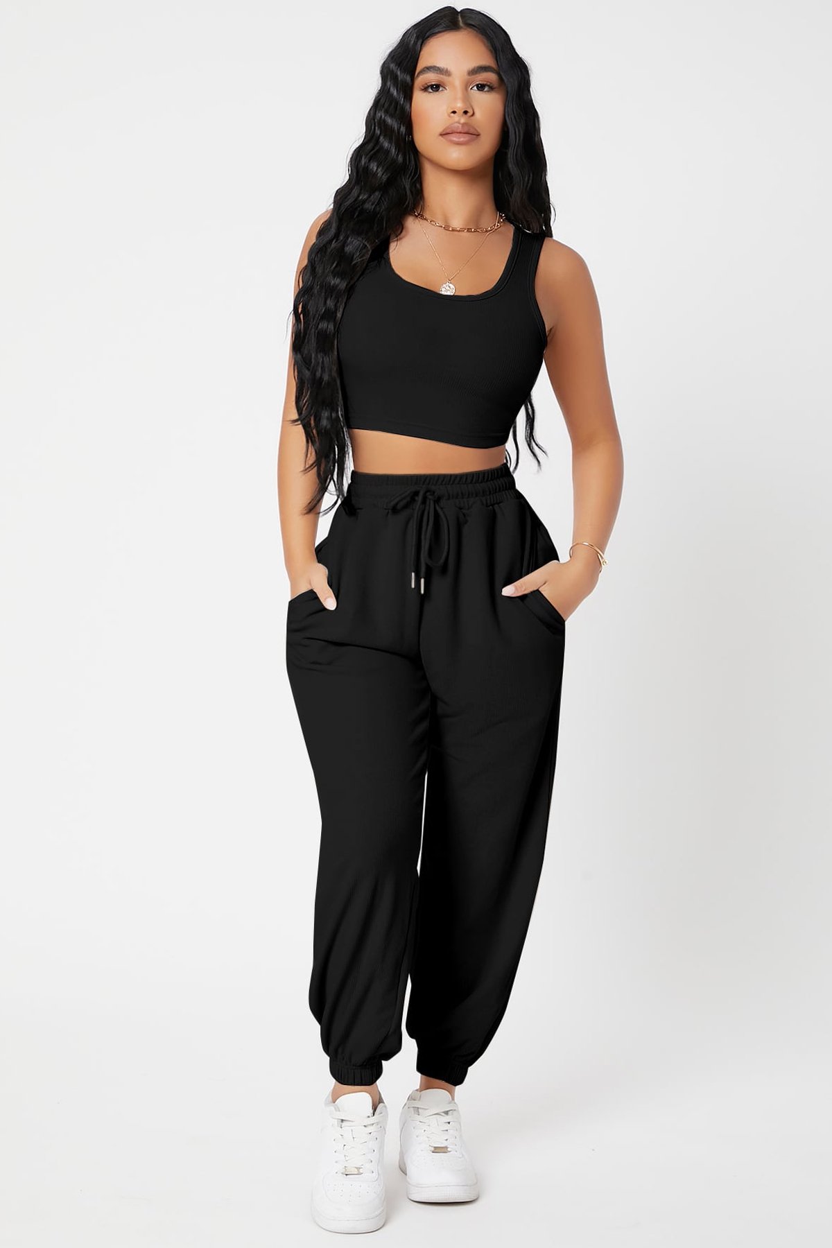 Kadın Siyah Kaşkorse Cepli Jogger Eşofman Altı ve Crop Top Bluz — görsel 3