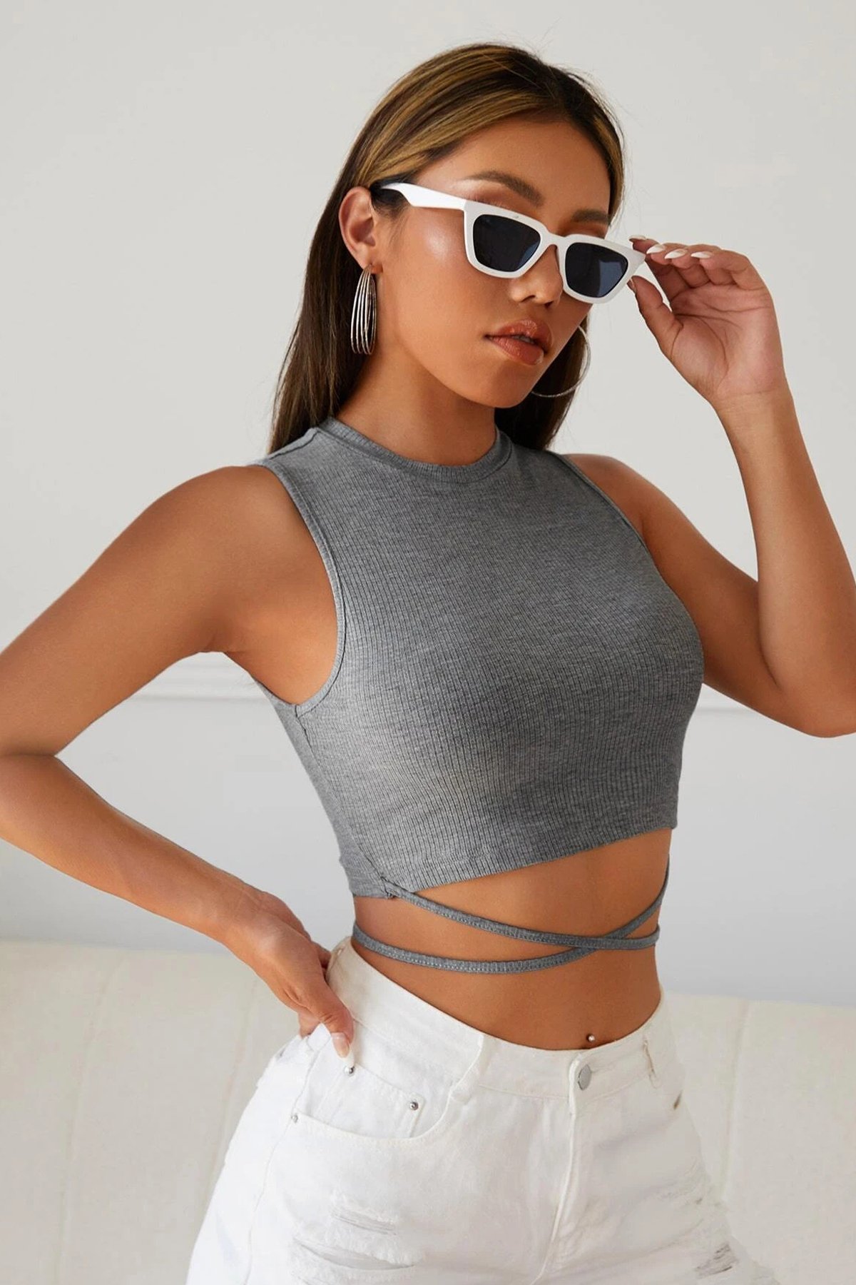 Kadın Gri Çapraz Bağlamalı Crop Top Büstiyer — görsel 6
