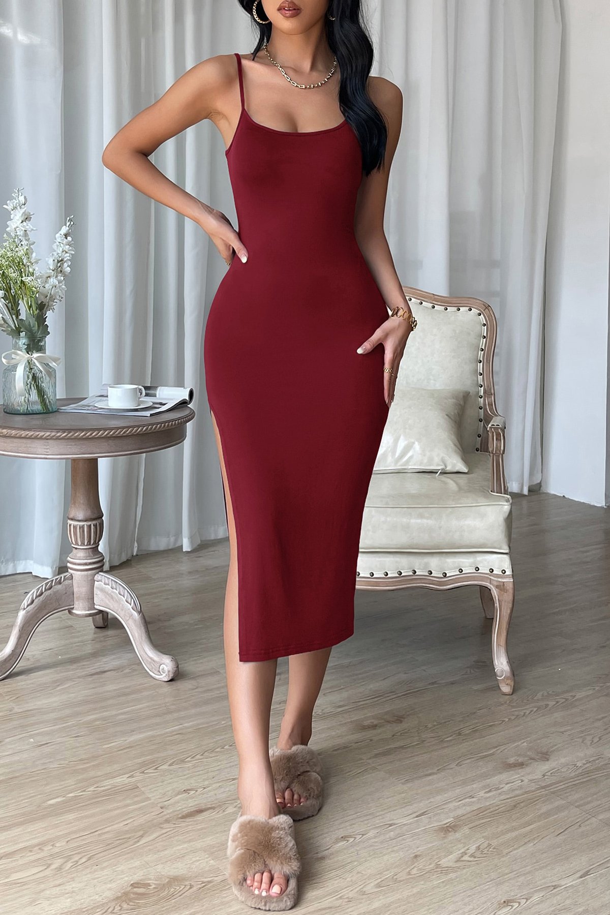 Kadın Bordo Yırtmaçlı Diz Altı Vücüdu Saran Gecelik — görsel 6
