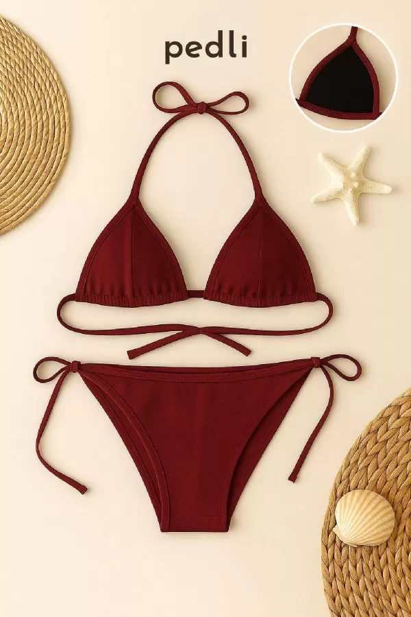 Kadın Bordo Yandan ve Boyundan Bağlamalı Bikini Mayo Takımı