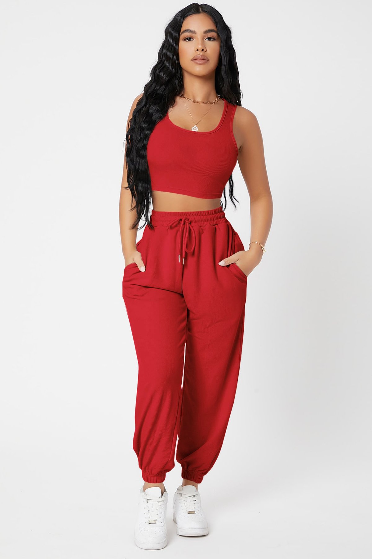 Kadın Kırmızı Kaşkorse Cepli Jogger Eşofman Altı ve Crop Top Bluz — görsel 4