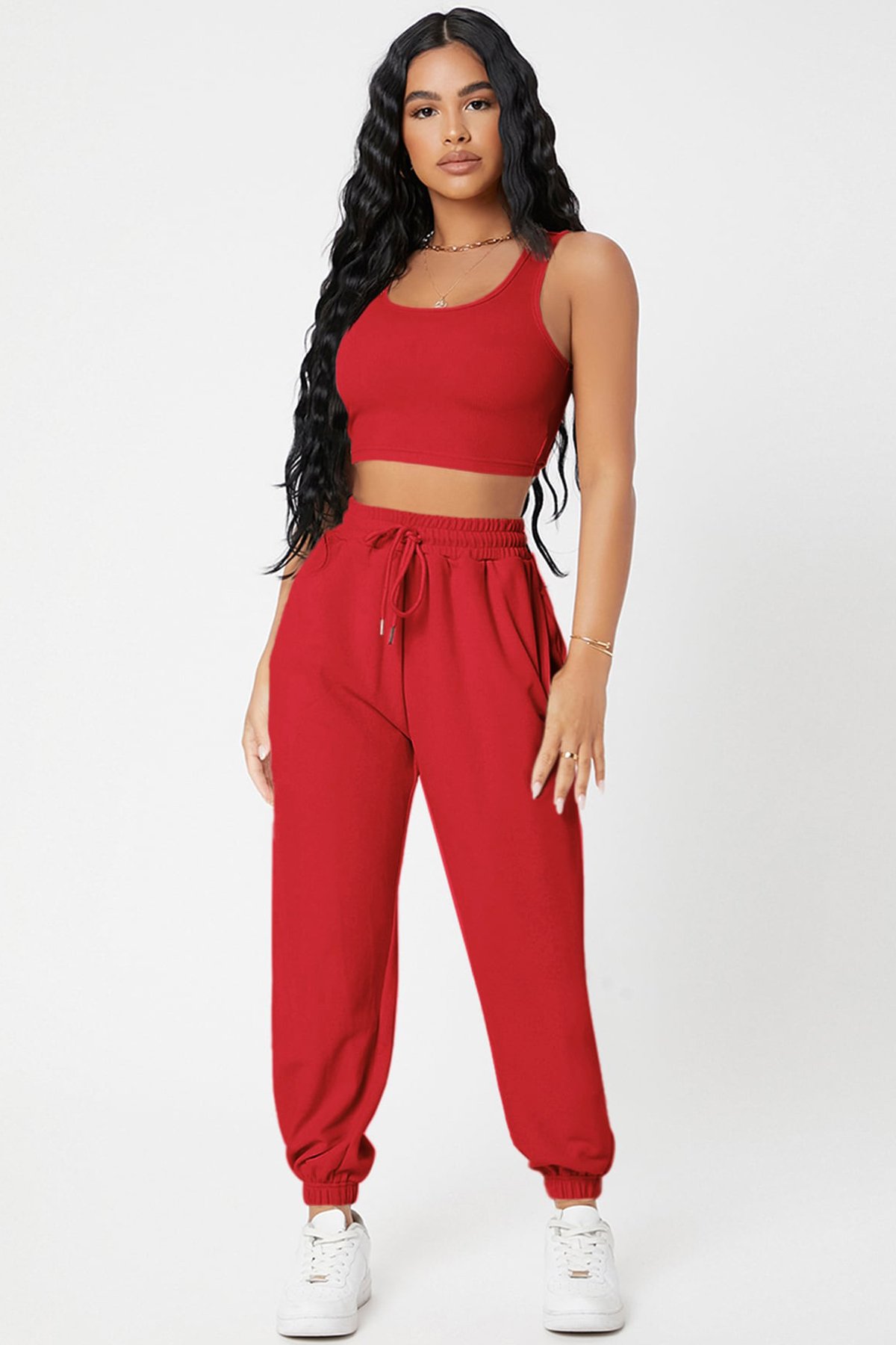 Kadın Kırmızı Kaşkorse Cepli Jogger Eşofman Altı ve Crop Top Bluz