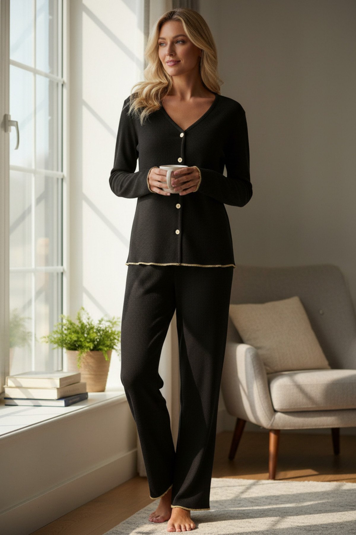 Premium Kadın Fitilli Pijama Takımı – Siyah Gold Biye Detaylı, Yumuşak Dokulu Ev Şıklığı — görsel 2