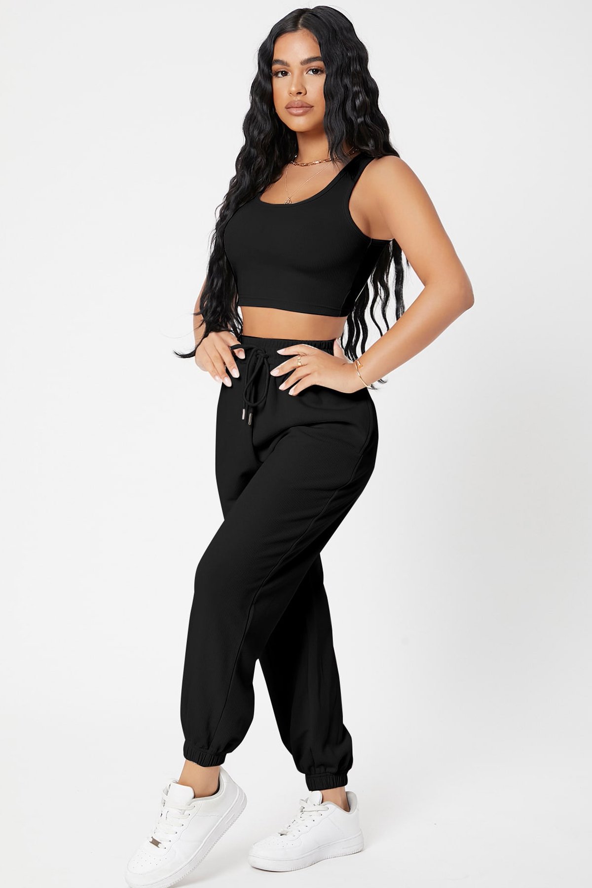 Kadın Siyah Kaşkorse Cepli Jogger Eşofman Altı ve Crop Top Bluz — görsel 5