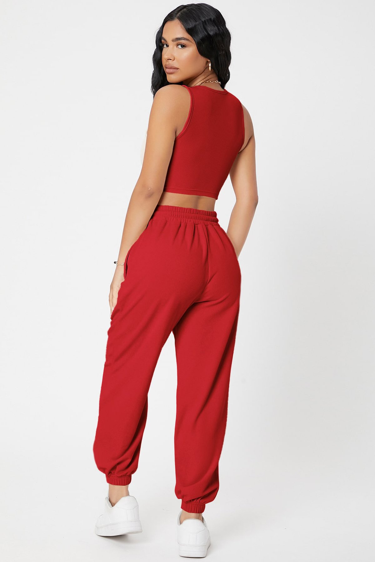 Kadın Kırmızı Kaşkorse Cepli Jogger Eşofman Altı ve Crop Top Bluz — görsel 2