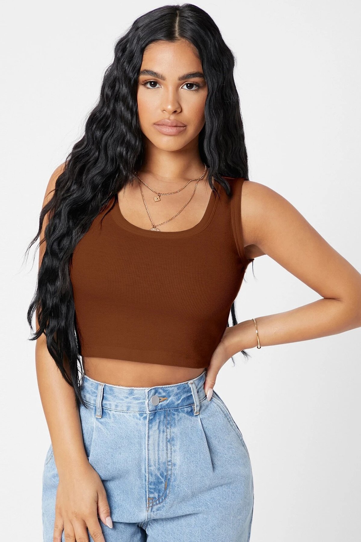 Kadın Kahverengi Kare Yaka Crop Top Bluz — görsel 4