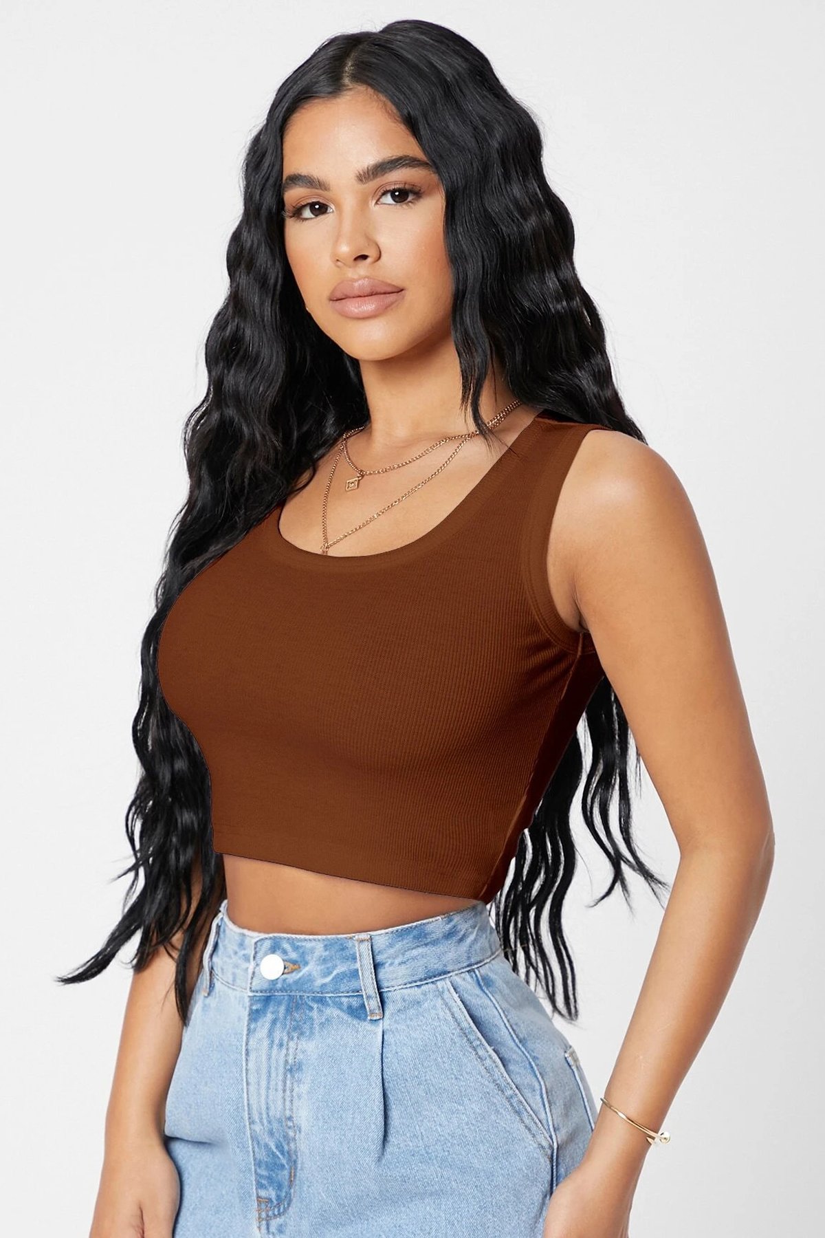 Kadın Kahverengi Kare Yaka Crop Top Bluz — görsel 5