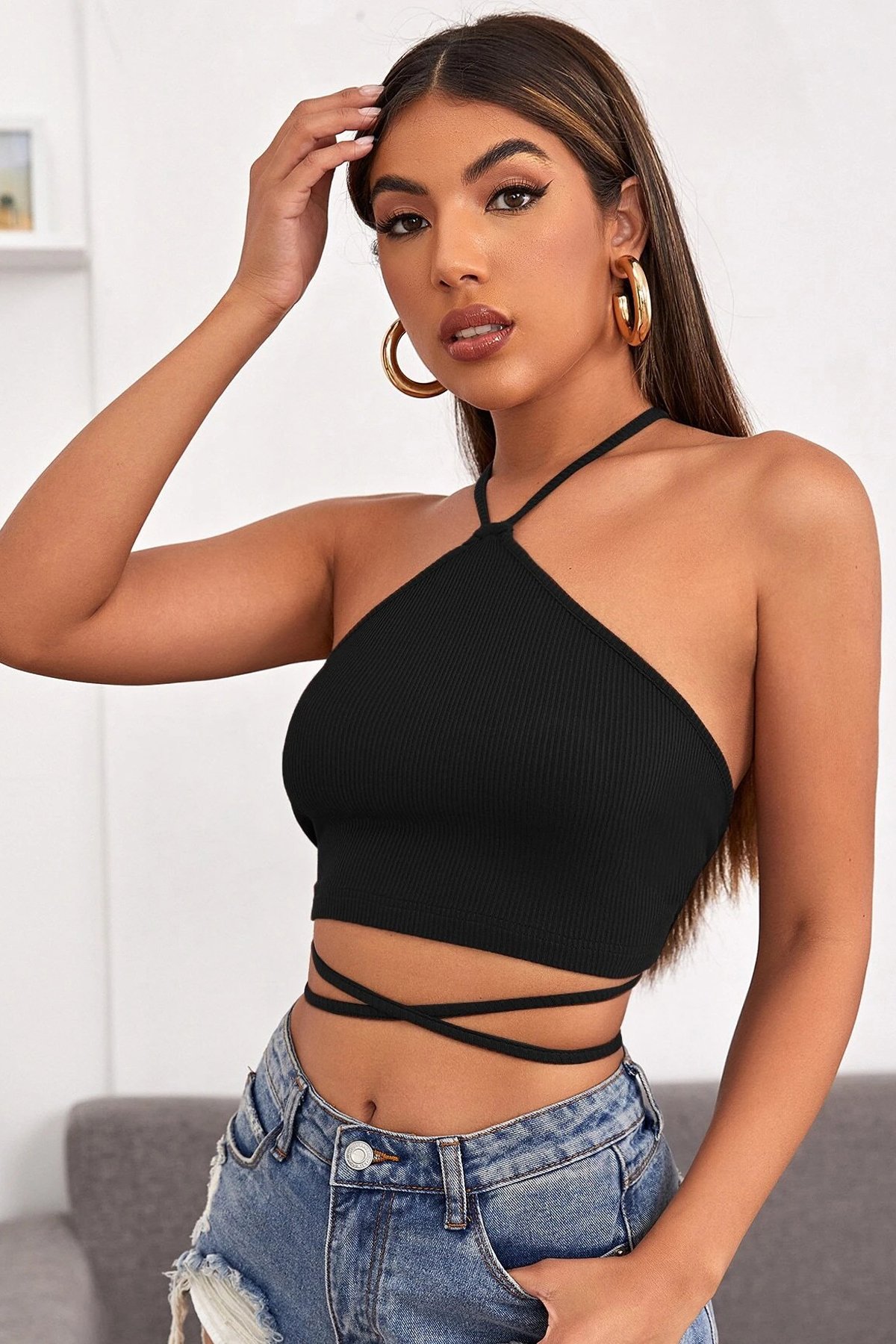 Kadın Siyah Sırtı Açık Boyundan Çapraz Bağlamalı Crop Top Bluz — görsel 5