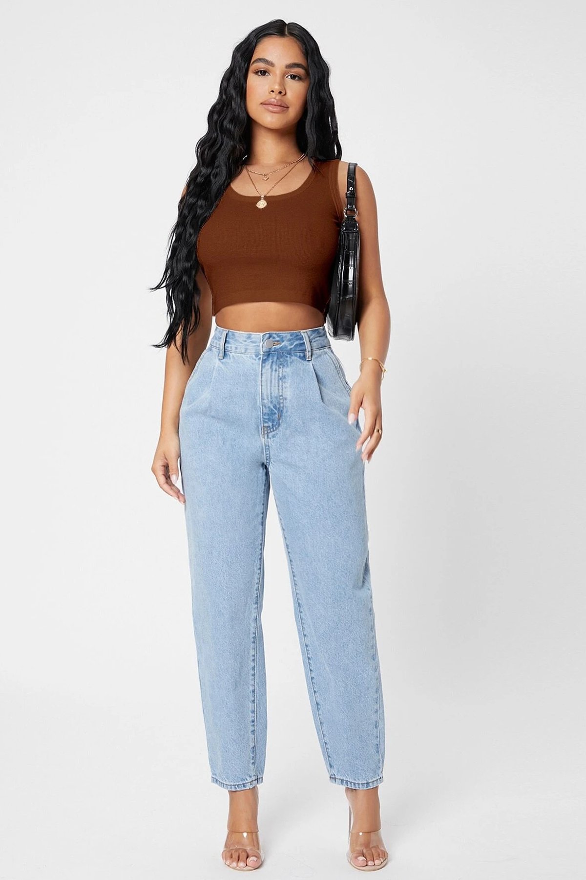 Kadın Kahverengi Kare Yaka Crop Top Bluz — görsel 3